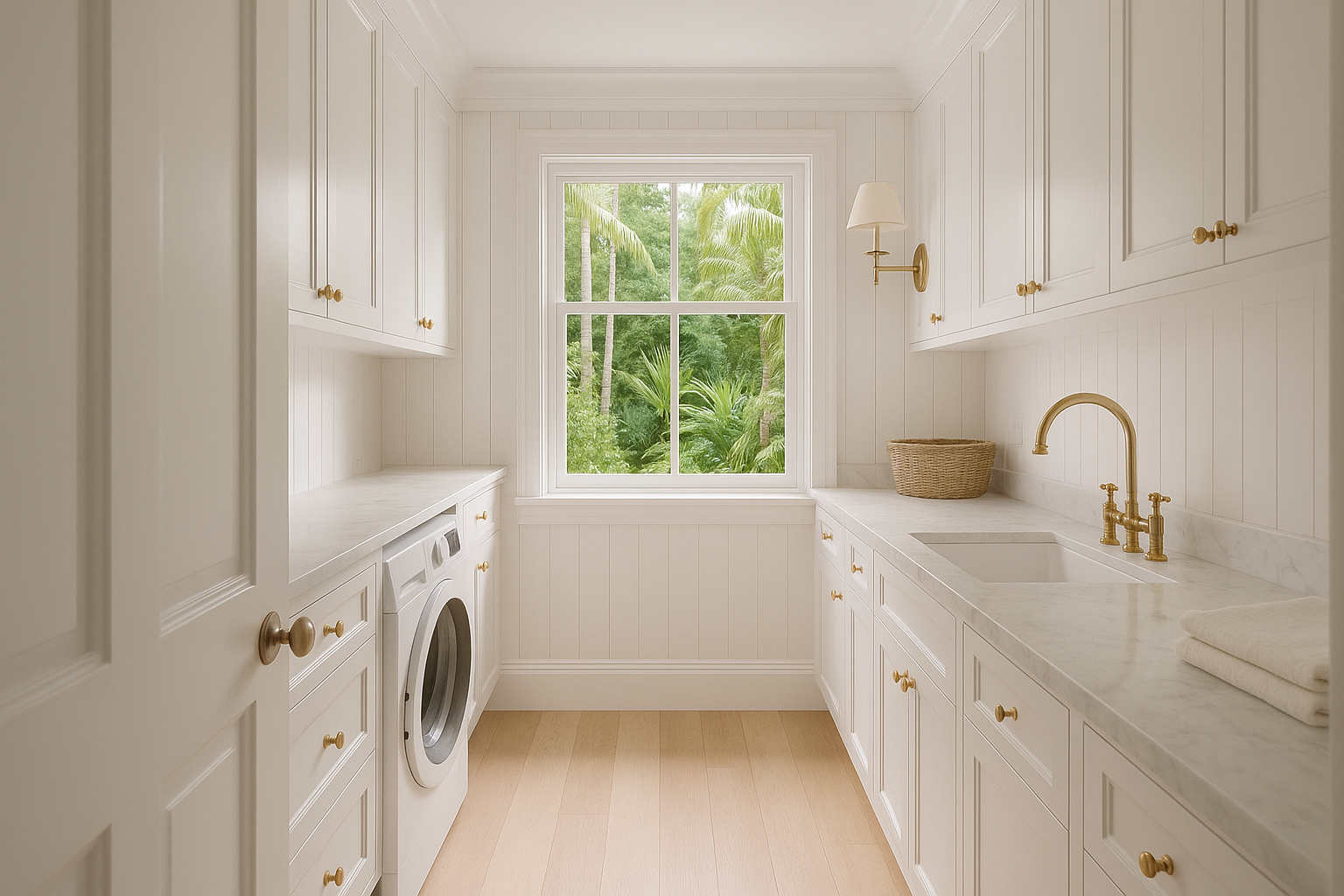 hamptons styled home laundry looking from the internal entrance door out towards the window of the laundry with a view of rainforest outside